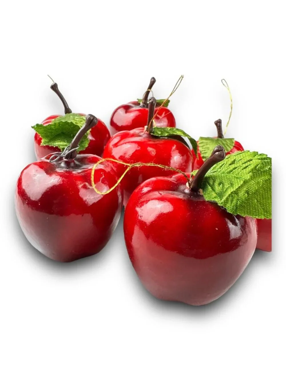 Set Of 7 Faux Red Apple Ornaments With Green Leaves & Stems For Seasonal Decor O